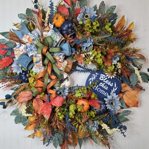 Extra Large Bless This Home Fall Wreath for Front Door, Autumn Oversized Door Decor, Fall Over the Mantle Decor, Blue Floral Seasonal Decor,
