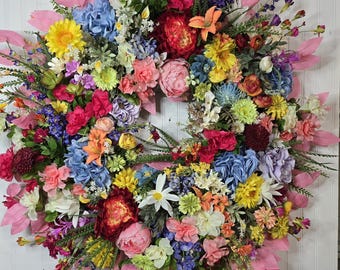 Colorful Spring Summer Wreath for Front Door, Bright Floral Wreath, Garden Style Door Decor, Large Pink Blue Yellow Flower Wreath
