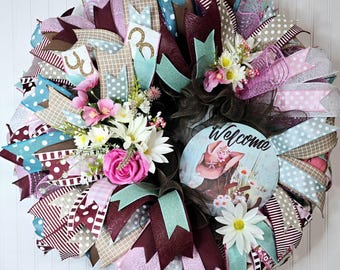 Pink Cowgirl Wreath: Western Daisy Decor, Front Door Wreath