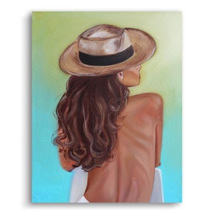 Lady with a hat - Portrait of a girl Hat from back Naked back Long hair Original artwork oil Female portrait Impressive technique