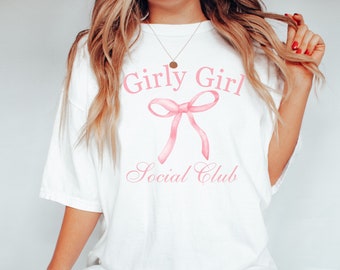 Coquette bow Comfort Colors shirt for girls, Girly girl shirt, Gift for girls, Bow shirt, Girly social club Tshirt, Pink ribbon shirt