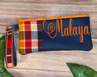 Navy and Orange Madras Personalized Clutch