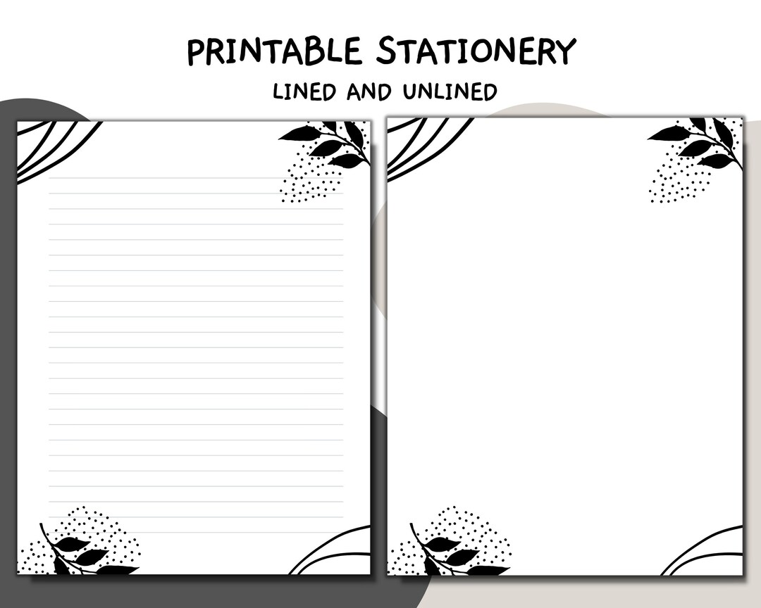 Printable Letter Writing Paper Set, Stationery, Abstract Black Leaf