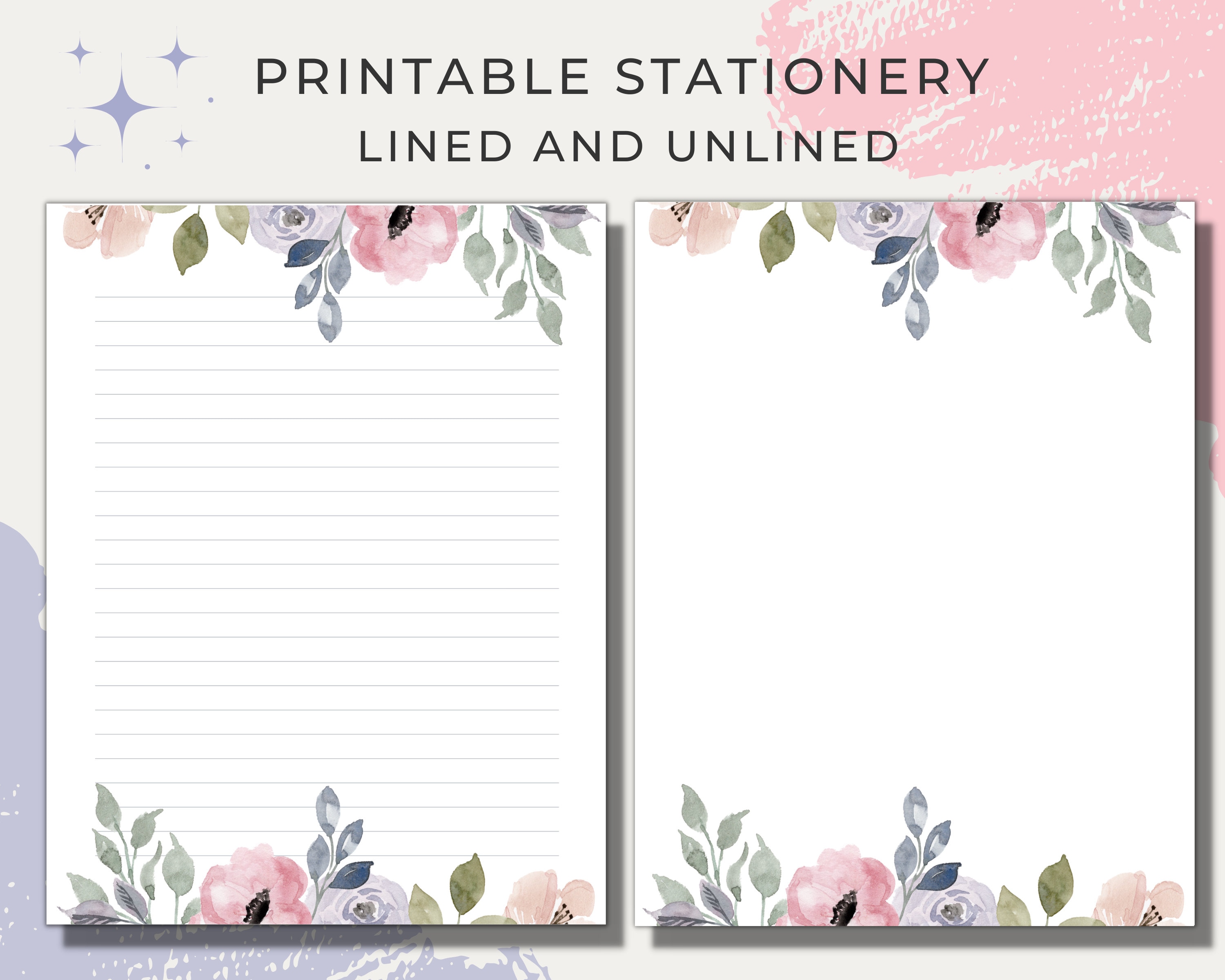 Printable Letter Writing Stationery Set, Paper, Dusty Rose Purple, A4