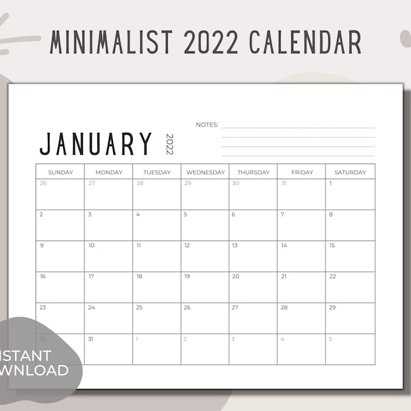 Calendrier mensuel minimaliste imprimable 2022, Planificateur d’événements, Rappel de rendez-vous, Calendrier de bureau, Organisateur, Noir et blanc, En un coup d’œil