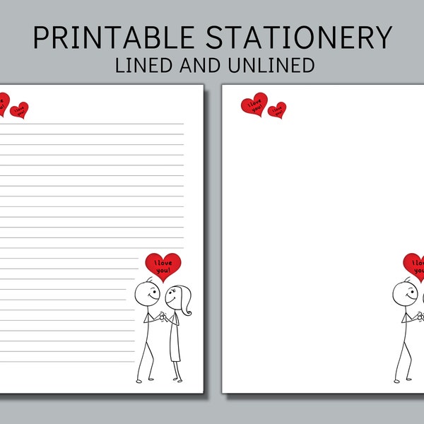 Printable Letter Writing Stationery Set, Paper, Stick Figure Love, A4, US Letter, Lined Unlined Notes, Matching & Blank Envelope Template