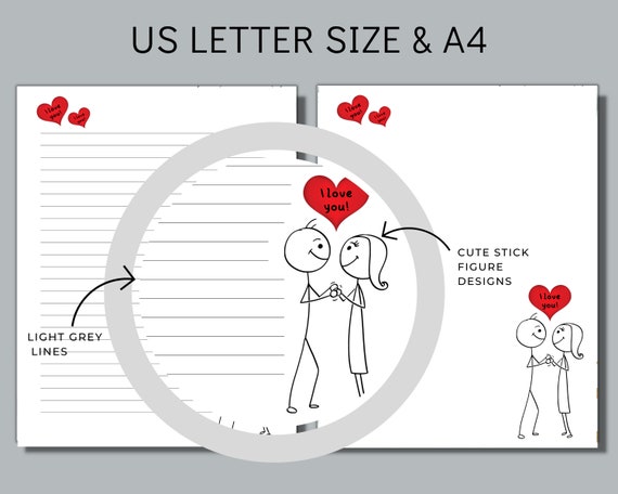 I Love You Printable Stationery, Valentines Day Notes, Writing Love Letter,  Hearts Paper Set, Cute Love Notes, Valentines Love Letter 