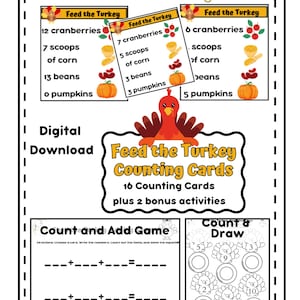 Gioco di conteggio Feed the Turkey /Schede digitali da scaricare con contenitore sensoriale/Attività di conteggio matematico stampabili per la scuola materna, l'asilo e il Ringraziamento