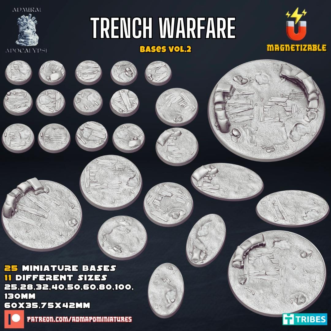 Trench Warfare Bases (50 different sculpts) / Stargrave / Gaslands / Trench Crusade / Wasteland Warfare / Savage Worlds / Admiral Apocalypse