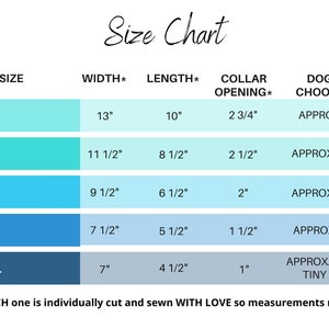 May include: A size chart for dog bandanas, showing five different sizes: X-Large, Large, Medium, Small, and X-Small. Each size is listed with its corresponding width, length, collar opening, and approximate dog weight. The chart is color-coded with blue, teal, and light blue.