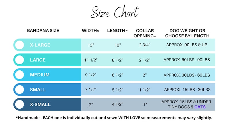 May include: A size chart for dog bandanas, showing five different sizes: X-Large, Large, Medium, Small, and X-Small. Each size is listed with its corresponding width, length, collar opening, and approximate dog weight. The chart is color-coded with blue, teal, and light blue.
