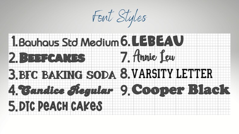 May include: A list of nine different font styles with their names, including Bauhaus Std Medium, Beefcakes, Annie Leu, and Cooper Black.