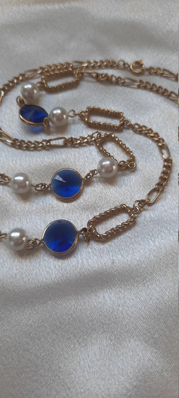 1950s Vintage Chain Necklace; Blue Rhinestone Vin… - image 2