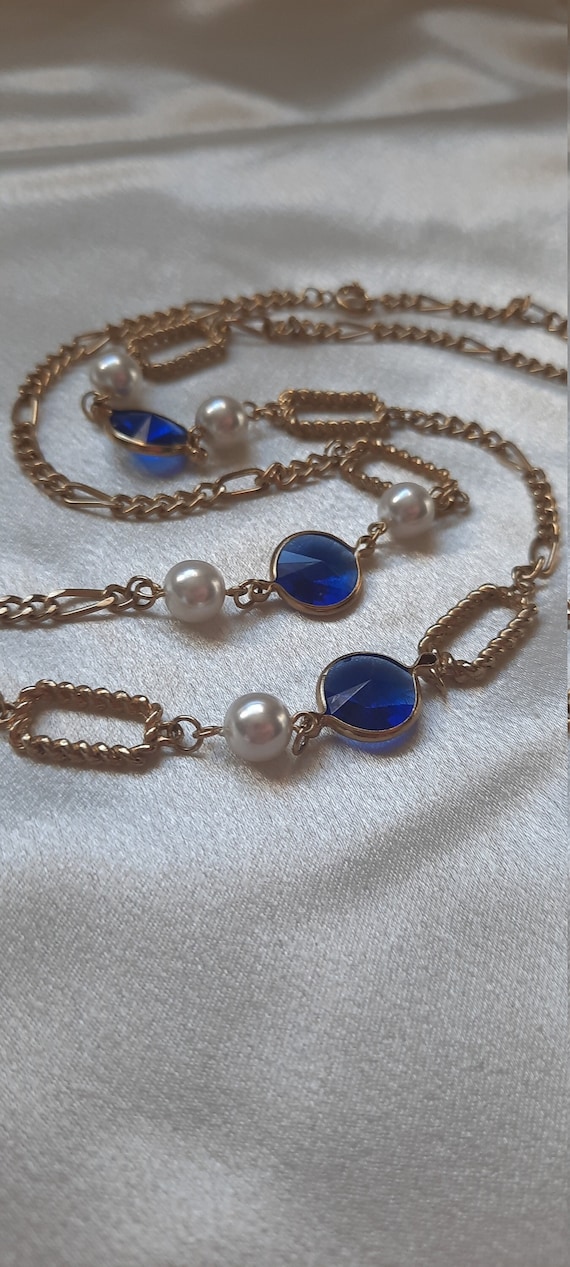 1950s Vintage Chain Necklace; Blue Rhinestone Vin… - image 1