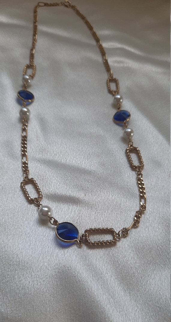 1950s Vintage Chain Necklace; Blue Rhinestone Vin… - image 3