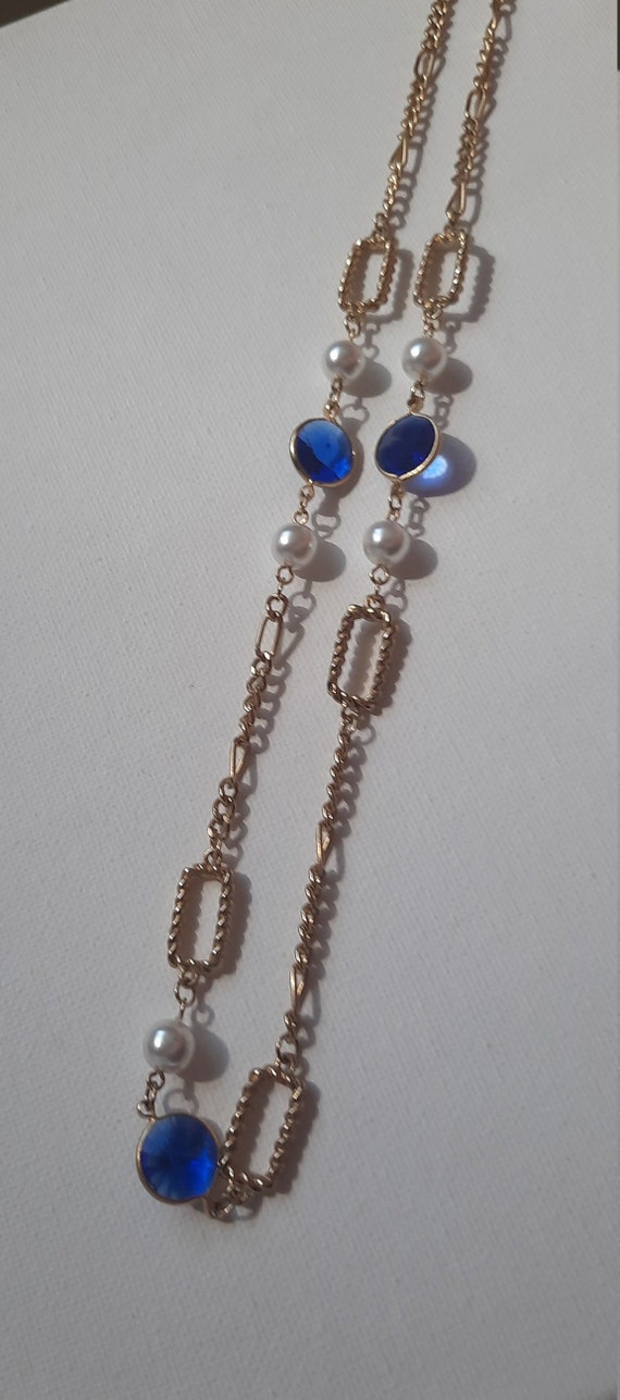 1950s Vintage Chain Necklace; Blue Rhinestone Vin… - image 10