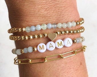 Custom Name Beaded Bracelets, Personalized Word Layering Set, Gold Paperclip Chain Stacking Bracelet, Stackable Mama Bracelet, Gift for Her