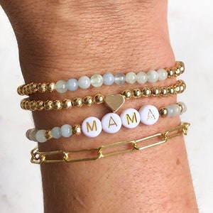 Custom Name Beaded Bracelets, Personalized Word Layering Set, Gold Paperclip Chain Stacking Bracelet, Stackable Mama Bracelet, Gift for Her