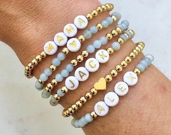 Pulsera de palabras personalizada, pulsera con nombre de niños, pulsera de mamá apilable, pulsera con cuentas de nombre personalizado, regalo personalizado, pulsera elástica