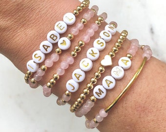 Custom Bracelet Stack, Beaded Name Bracelets, Personalized Layering Set,  Minimalist Gold Ball Stacking Jewelry, Mama Stackable Bracelets