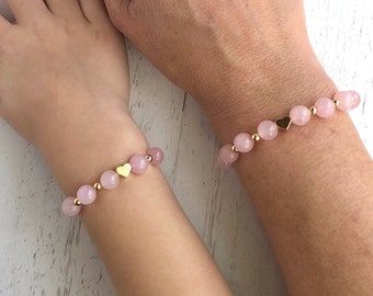 Mother Daughter Bracelet Set, Pink Rose Quartz Heart Beaded Bracelets, Mommy and Me Gift, Matching Jewelry for Mom and Child, Mama Mini Gift