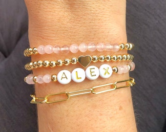 Custom Name Beaded Bracelets, Personalized Word Layering Set, Gold Paperclip Chain Stacking Bracelet, Stackable Mama Bracelet, Gift for Her