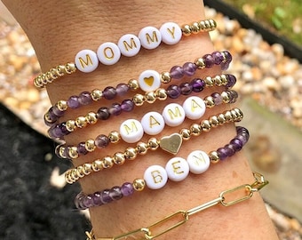 Personalized Word Bracelet, Custom Name Beaded Bracelet, Kids Name Bracelet, Stacking Mama Bracelet, Personalized Gift, Stretch Bracelet