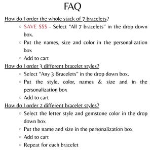 May include: An FAQ document with black text on a white background explaining how to order bracelets. It details steps for ordering a stack of 7, 3 different styles, or 2 different styles, including instructions for drop down menus and personalization boxes.