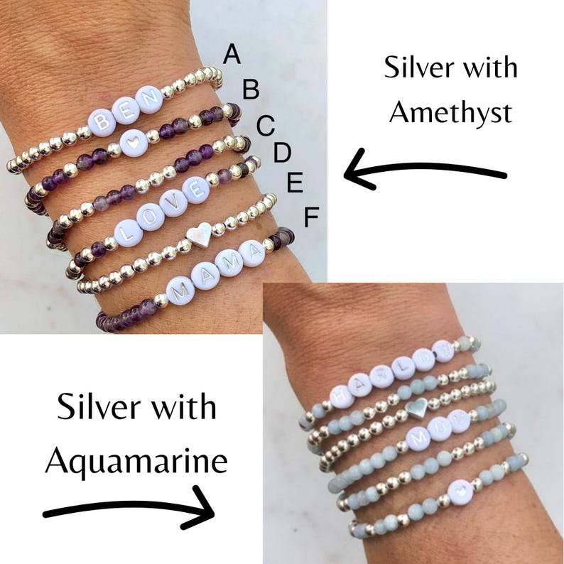 Stacked stretch beaded bracelets with gold-tone and pale-blue beads; white alphabet beads spell names for a personalized kids name bracelet set.