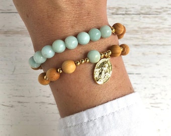 Catholic Rosary Bracelet for Women, Wood Beaded Rosary Bracelet, Stretch Rosary, Confirmation Sponsor Gift, Godmother Gift, Catholic Jewelry