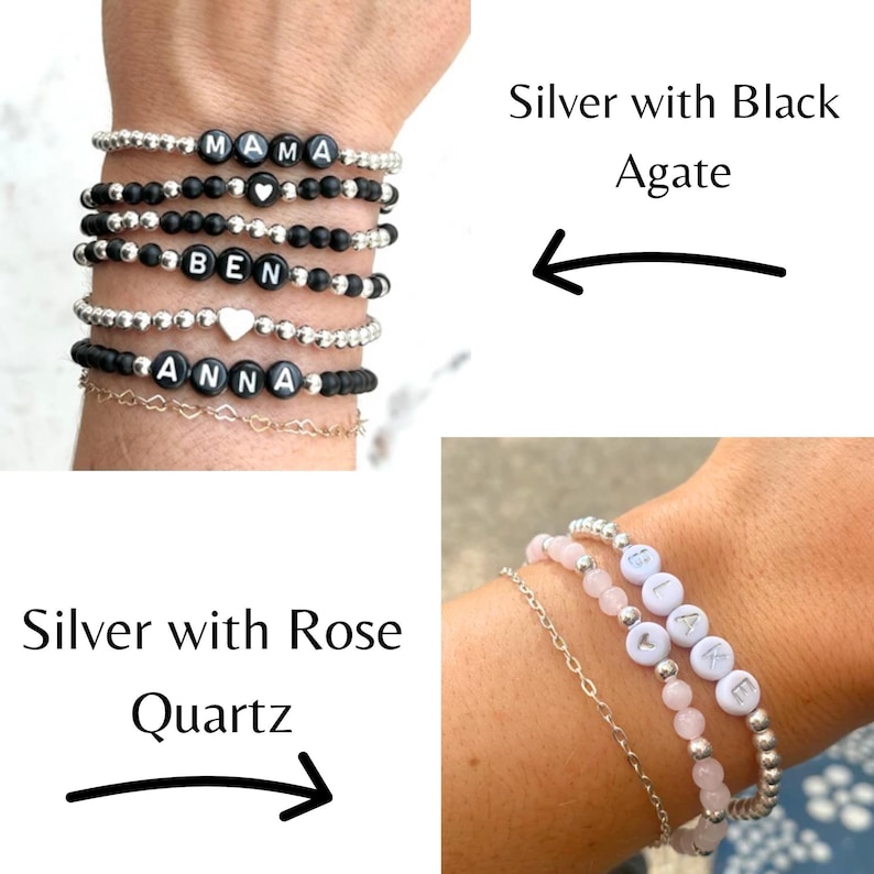 Stacked stretch beaded bracelets with gold-tone and pale-blue beads; white alphabet beads spell names for a personalized kids name bracelet set.