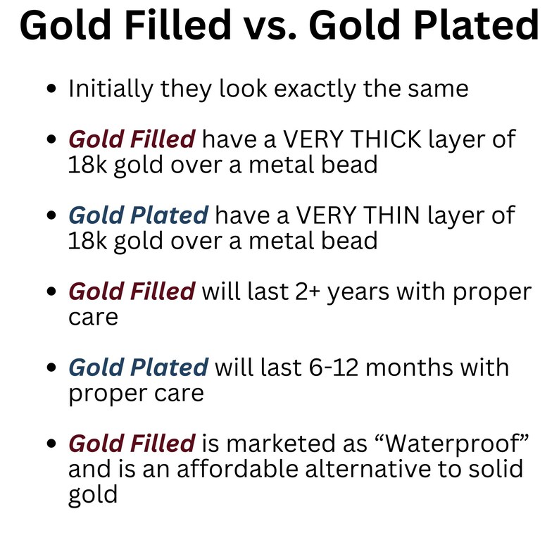 May include: An informational graphic titled Gold Filled vs. Gold Plated. It lists bullet points comparing the two, noting that Gold Filled has a thick layer of 18k gold over a metal bead and lasts 2+ years, while Gold Plated has a thin layer and lasts 6-12 months.