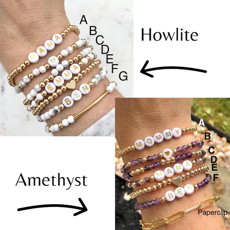 Stacked stretch beaded bracelets with gold-tone and pale-blue beads; white alphabet beads spell names for a personalized kids name bracelet set.