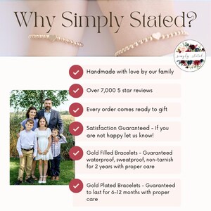 May include: Two gold-toned beaded bracelets featuring a small heart charm on each. The image includes the text Why Simply Stated?, a floral logo, and a list of product details including handmade, 7,000 reviews, gift-ready, and gold-filled or gold-plated options.