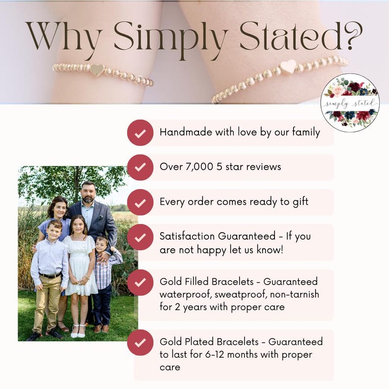 May include: Two gold-toned beaded bracelets featuring a small heart charm on each. The image includes the text Why Simply Stated?, a floral logo, and a list of product details including handmade, 7,000 reviews, gift-ready, and gold-filled or gold-plated options.