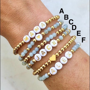 Pulsera de palabras personalizada, pulsera con nombre de niños, pulsera de mamá apilable, pulsera con cuentas de nombre personalizado, regalo personalizado, pulsera elástica imagen 2