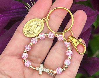 Floral Rosary Bag Charm: Miraculous Medal, Crystal Cross - Catholic Gift