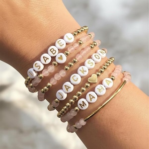 Non Tarnish Waterproof Personalized Name Bracelet: Gold Filled Custom Beaded Stacking Bracelet