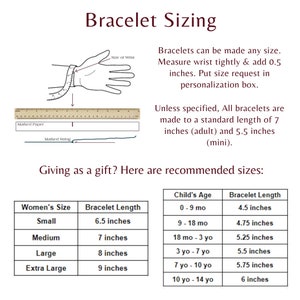 May include: An informational graphic titled "Bracelet Sizing" with instructions on measuring wrists for bracelets. Includes a diagram, text, and size charts for adults and children, with measurements in inches.