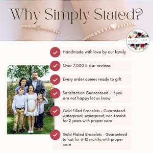 Stacked stretch beaded bracelets with gold-tone and pale-blue beads; white alphabet beads spell names for a personalized kids name bracelet set.