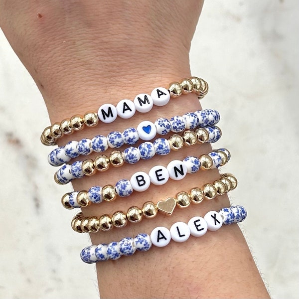 Blue Flower Custom Name Bracelet, Personalized Beaded Word Bracelet,  Mama Bracelet Stack, Kids Name Jewelry, New Mom Gift, Mothers Day Gift