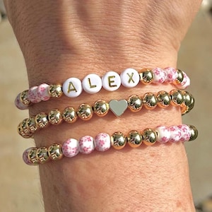 Custom Beaded Name Bracelet Stack: Floral Ceramic, Gold Accents