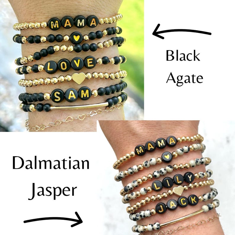 Stacked stretch beaded bracelets with gold-tone and pale-blue beads; white alphabet beads spell names for a personalized kids name bracelet set.