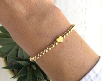 Gold Bead Stretch Bracelet, Minimalist Gold Ball Heart Bracelet, Dainty Stacking Bracelet, Gold Filled Layering Bracelet, Rose Gold, Silver