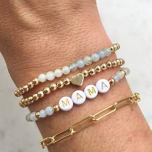 Custom Name Beaded Bracelets, Personalized Word Layering Set, Gold Paperclip Chain Stacking Bracelet, Stackable Mama Bracelet, Gift for Her zdjęcie 4