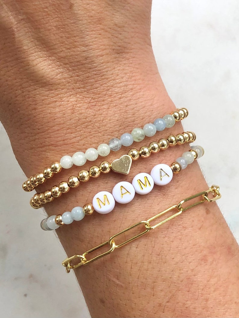 Custom Name Beaded Bracelets, Personalized Word Layering Set, Gold Paperclip Chain Stacking Bracelet, Stackable Mama Bracelet, Gift for Her zdjęcie 4