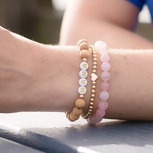 Boho Gemstone Stacking Bracelets,  Mama Bead Bracelet, Essential Oil Diffuser Jewelry, Stackable Layering Set, Minimalist Gold Ball Jewelry