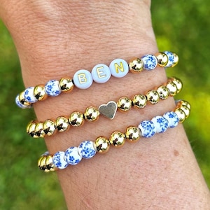 Custom Beaded Name Bracelet Stack: Floral Ceramic, Gold Accents