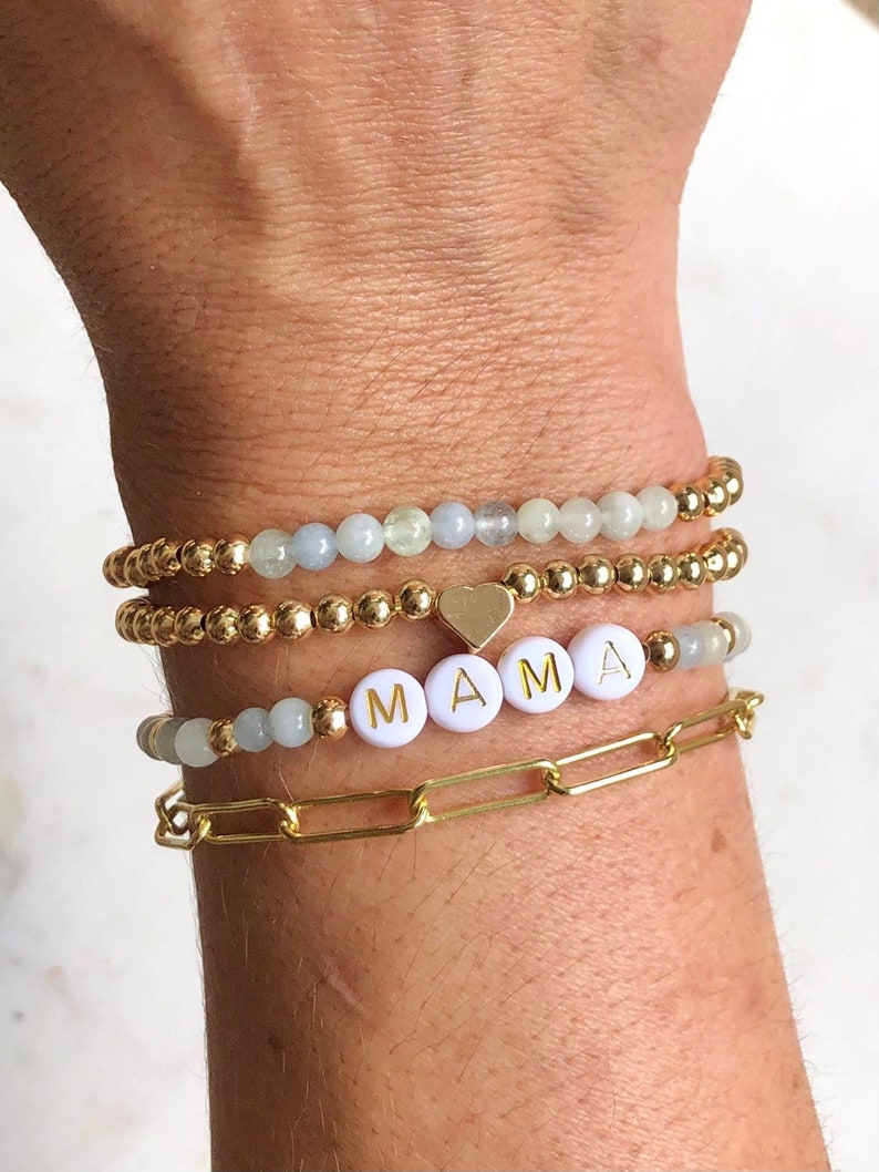 Custom Name Beaded Bracelets, Personalized Word Layering Set, Gold Paperclip Chain Stacking Bracelet, Stackable Mama Bracelet, Gift for Her zdjęcie 1