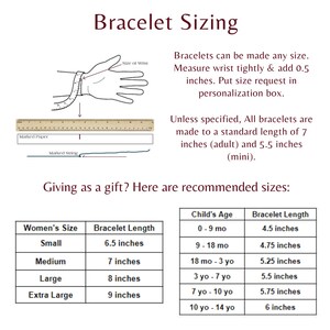 May include: A chart showing recommended bracelet sizes for women and children. The chart lists bracelet lengths in inches for different wrist sizes and ages. The chart also includes instructions on how to measure your wrist for a proper fit.